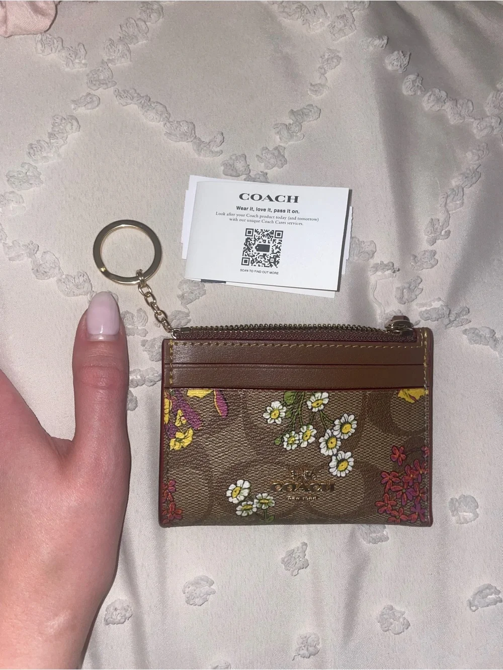 Coach Brown Floral Signature Zip Card Case Keyring
